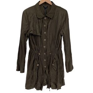 Worth New York Crinkle Trench‎ Coat Cinch Waist Metallic Green Women Large